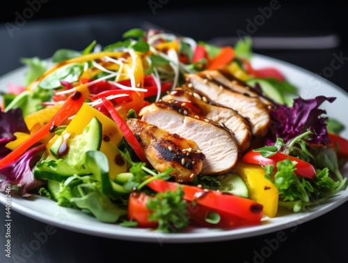 A Close-up Shot of a Colorful Rainbow Salad With Vibrant Veggies and Grilled Chicken, Topped With a Tangy Vinaigrette Dressing, Placed on a White Plate Food Photography © CG Design
