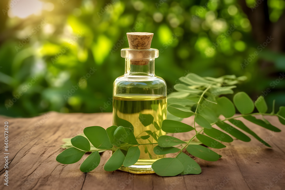 Vial with moringa oil and leaves of the moringa plant on a natural background Vial with moringa oil and leaves of the moringa plant on a natural background