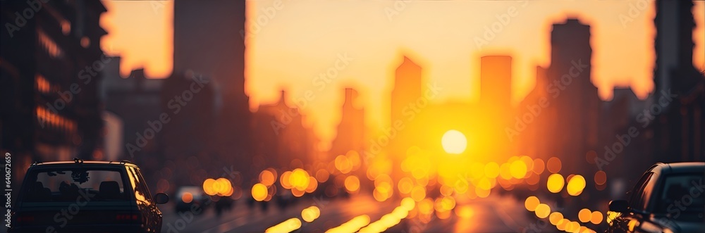 sundown in night city street, bokeh effect, blurry background, generative AI - obrazy, fototapety, plakaty 