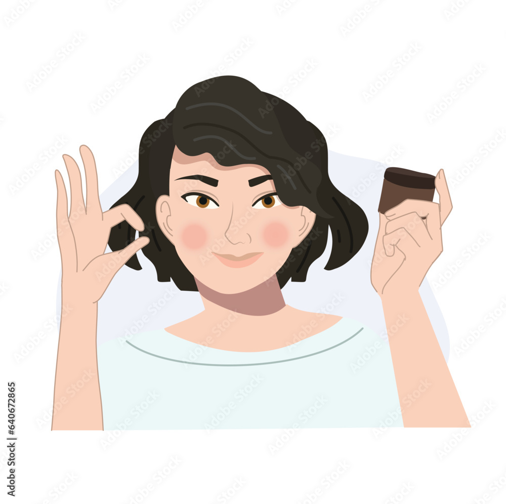 Beauty and Wellness Concept. Woman Showing OK Hand Sign with Skincare Product. Flat vector cartoon illustration