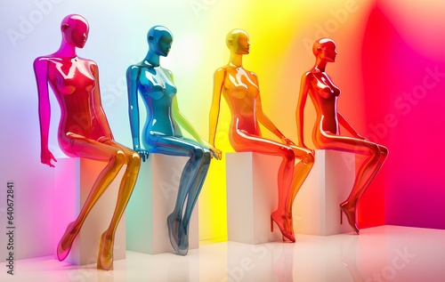 Fashionable and colorful, glossy mannequins in rainbow neon lighting. photo