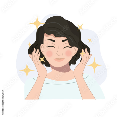Happy Beauty Woman with Sparkling Skin Care. Glowing Facial Beauty. Flat vector cartoon illustration