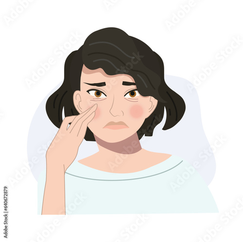 Aging Concerns concept. Portrait of Worried Woman with Wrinkles Under Eyes. Flat vector cartoon illustration