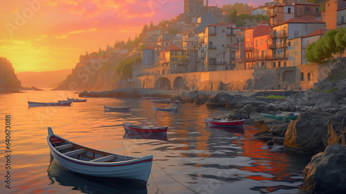 boats in the bay at sunset created with Generative AI technology