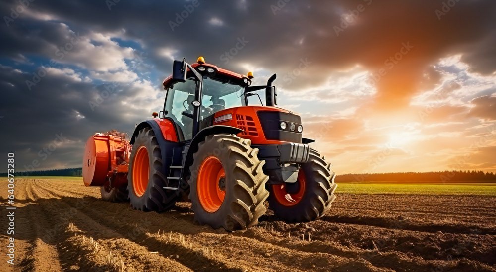 Red tractor working in the field at sunset Red tractor working in the field at sunset