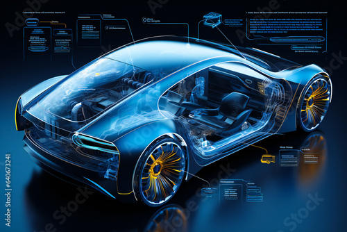 Hologram car with project infographics. Futuristic car designing concept. © Adrian Grosu