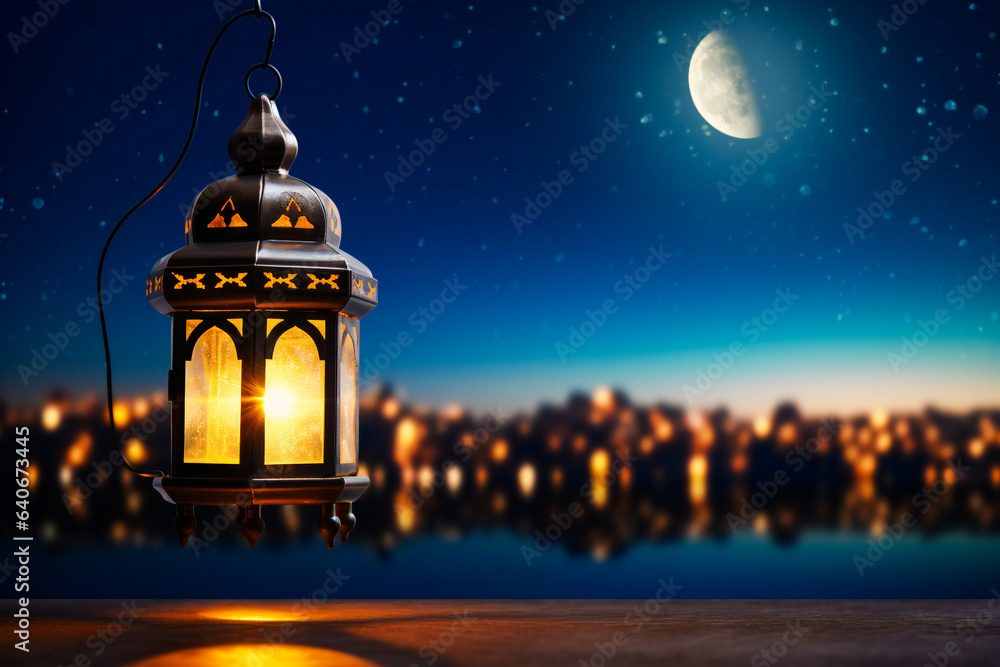 An oriental lamp in the night with a moon and stars in background An oriental lamp in the night with a moon and stars in background