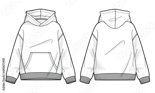 Long sleeve hoodie technical drawing fashion flat sketch vector illustration template for women's 