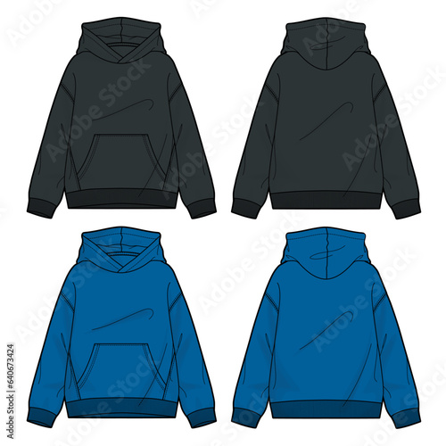 Long sleeve hoodie technical drawing fashion flat sketch vector illustration black and blue  color template for women's 