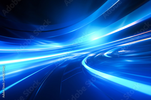 A blue abstract space with curved light beams in it. Futuristic technology concept.