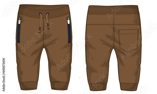 Fleece cotton jersey basic Sweat pant technical fashion flat sketch template front and back views. Apparel jogger pants vector illustration mock up for kids and boys
