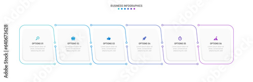 Timeline infographic with infochart. Modern presentation template with 6 spets for business process. Website template on white background for concept modern design. Horizontal layout.