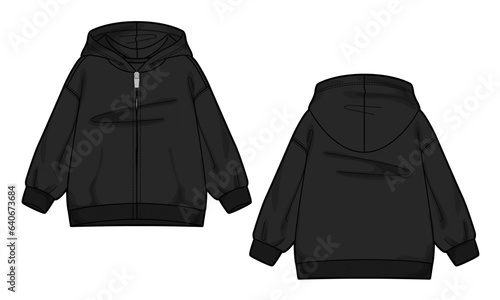 Long sleeve hoodie technical drawing fashion flat sketch vector illustration black color template for women's 