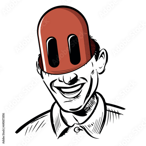 cartoon illustration of a man with creepy bubble head. contains vintage vector halftone raster effects.