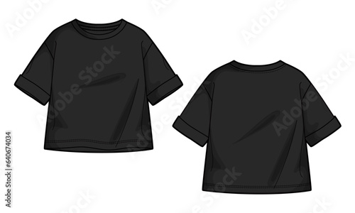 Short sleeve t shirt tops technical drawing fashion flat sketch vector illustration black Color template for ladies