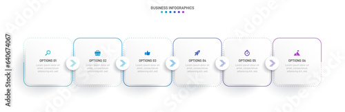 Timeline infographic with infochart. Modern presentation template with 6 spets for business process. Website template on white background for concept modern design. Horizontal layout.