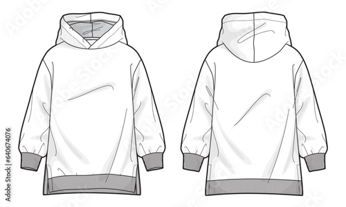 Long sleeve hoodie technical drawing fashion flat sketch vector illustration template for women's 