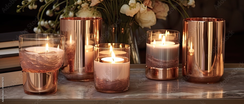 Delicate tendrils of rose gold, champagne, and soft mocha, forming a lustrous canvas that mirrors the glow of a warm candlelit evening