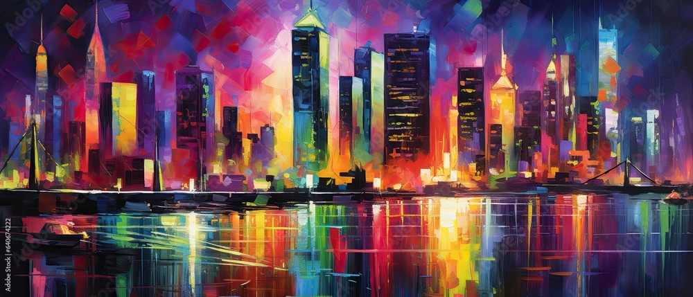 Dynamic splashes of neon magenta, electric blue, and lime green, conveying the electric pulse and vibrancy of a city skyline illuminated at night