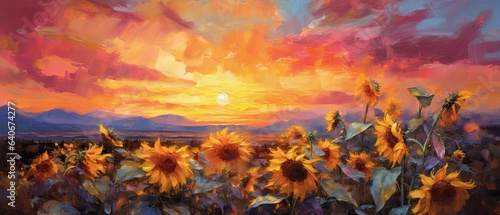 Whimsical bursts of sunflower yellow and coral, merging and repelling, capturing the energetic dance of summer sunsets against a tropical horizon