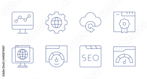 Seo icons. editable stroke. Containing analytics, browser, globe, internet, restore, seo, validation, website.
