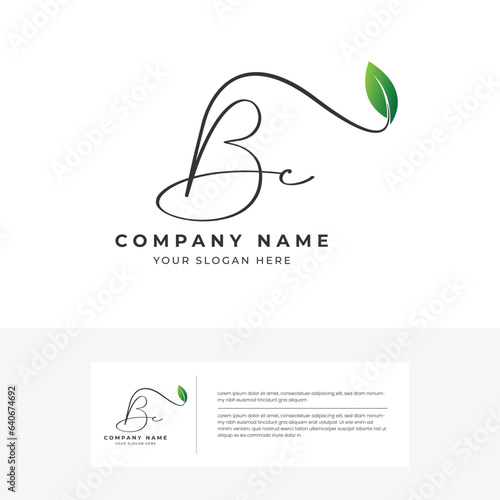 BC Initial letter handwriting and signature logo and green leaf