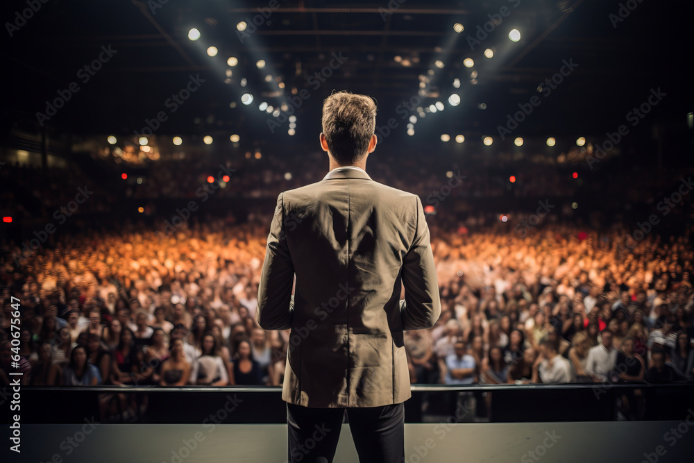 Handsome male motivational speaker holding a microphone in front on an audience. Man in a spotlight talking to a crowd. - obrazy, fototapety, plakaty 