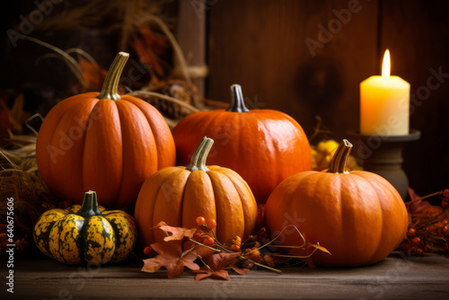 Autumn setting with candles and pumpkins. Thanksgiving table decoration.