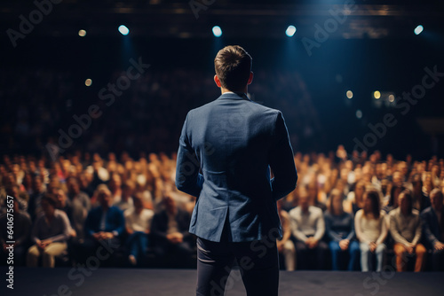 Handsome male motivational speaker holding a microphone in front on an audience. Man in a spotlight talking to a crowd. © MNStudio