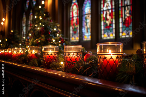 Lots of candles burning in church during Christmas time. Celebrating Christmas in church. Festive church decoration.