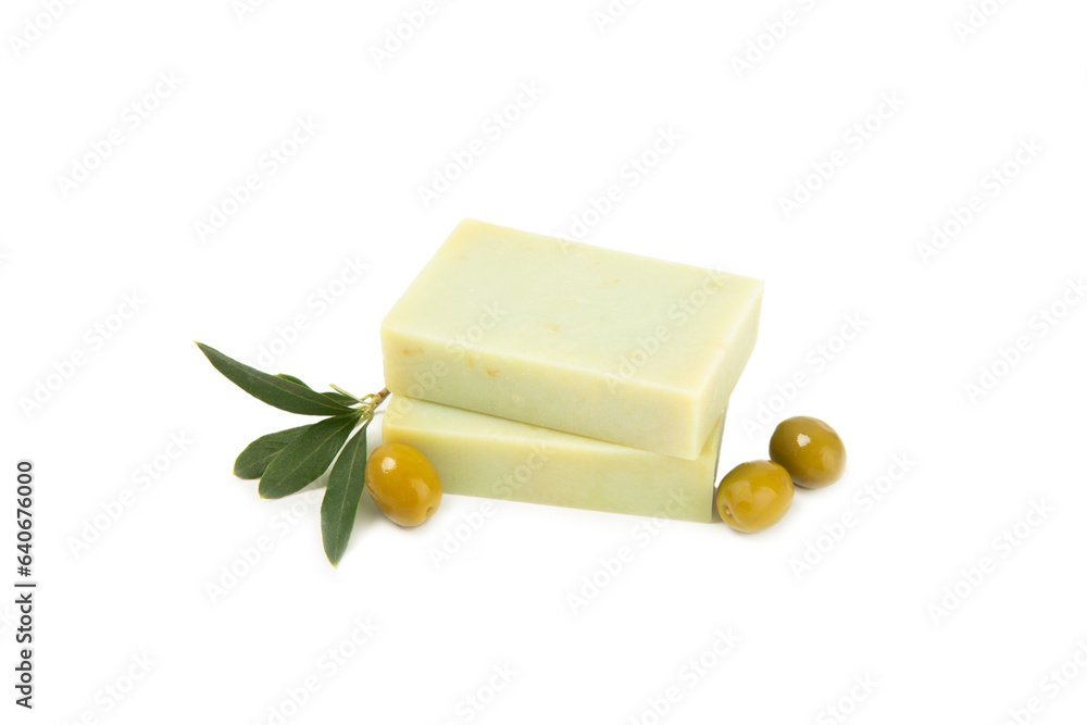 Natural bar of soap with olive oil extract isolated on white background. Pieces of green soap on a white background. Natural bar of soap with olive oil extract isolated on white background. Pieces of green soap on a white background.