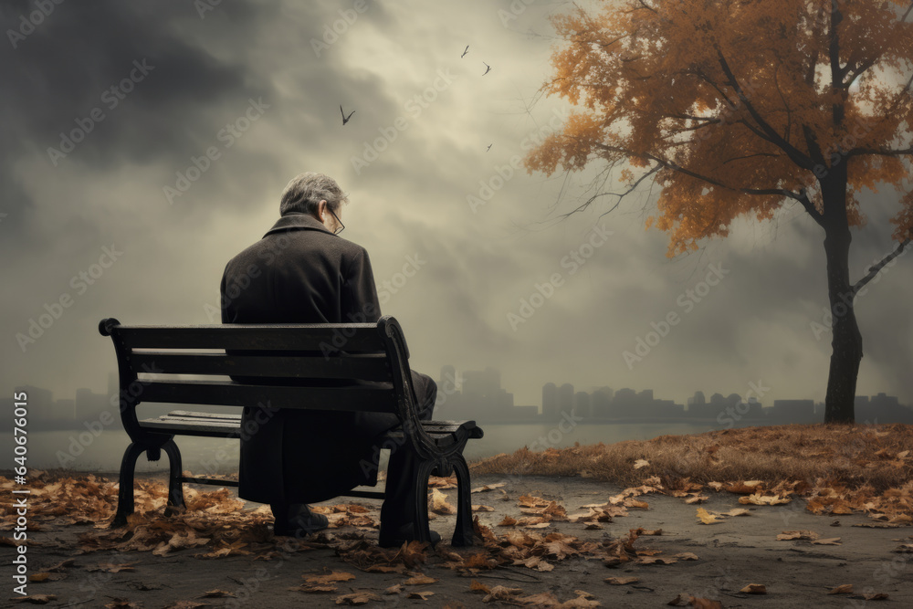 Sad senior man sitting alone on a bench in city park on autumn day. Elderly man enjoying nice fall weather.