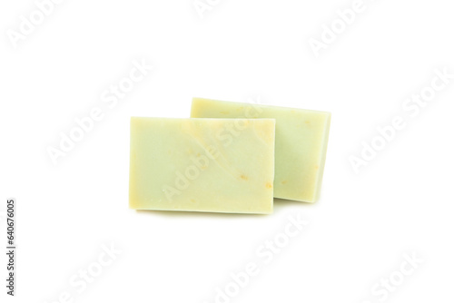 Natural bar of soap with olive oil extract isolated on white background. Pieces of green soap on a white background.