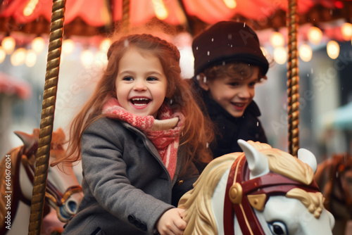 Excited little child laughing and riding a carousel ride merry-go-round in amusement park during Christmas time. Family leisure with small kids in winter.