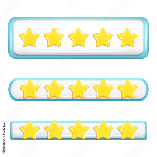 Realistic 3d rating feedback with 5 golden stars. Customer 3d glossy cartoon best quality review, user rating, feedback score icon, five-point scale. Vector illustration isolated on white background
