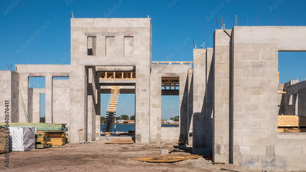 Concrete shell of upscale single-family house under construction by an artificial lake in a suburban residential development on a sunny morning in southwest Florida Concrete shell of upscale single-family house under construction by an artificial lake in a suburban residential development on a sunny morning in southwest Florida