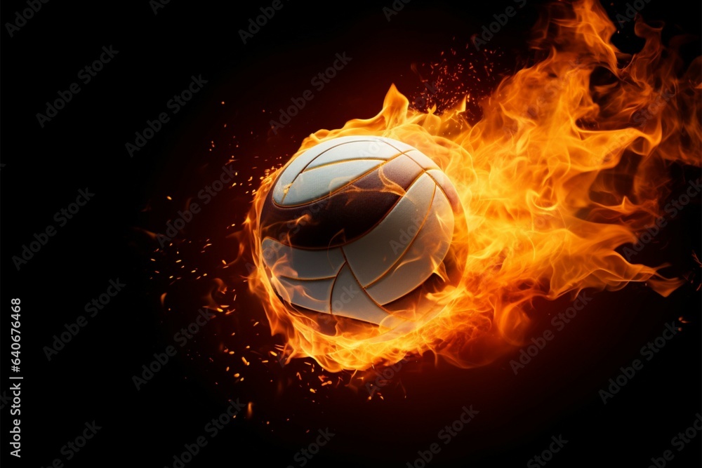 Fototapeta premium A volleyball engulfed in flames stands out against a black background
