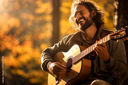 Cheerful young male musician performing for his fellow hikers on sunny fall day. Performer playing a guitar in the wild. People having fun on a hike in autumn.