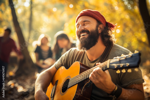 Cheerful young male musician performing for his fellow hikers on sunny fall day. Performer playing a guitar in the wild. People having fun on a hike in autumn.