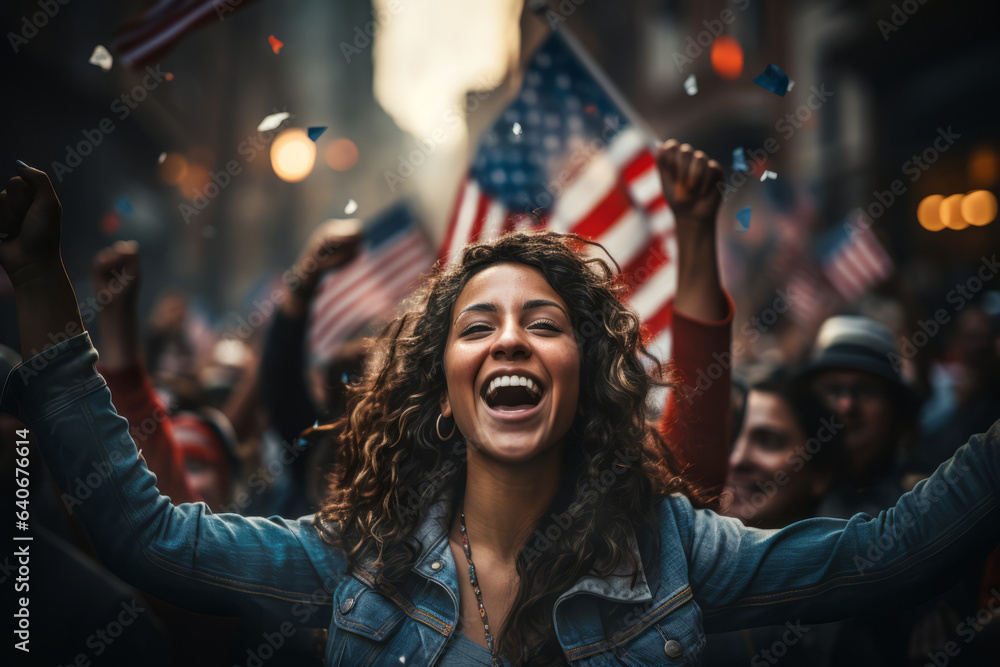 Excited young people wearing red and blue clothes celebrating the victory of USA team. People chanting and cheering for their sports team. Young people watching a match. Excited young people wearing red and blue clothes celebrating the victory of USA team. People chanting and cheering for their sports team. Young people watching a match.