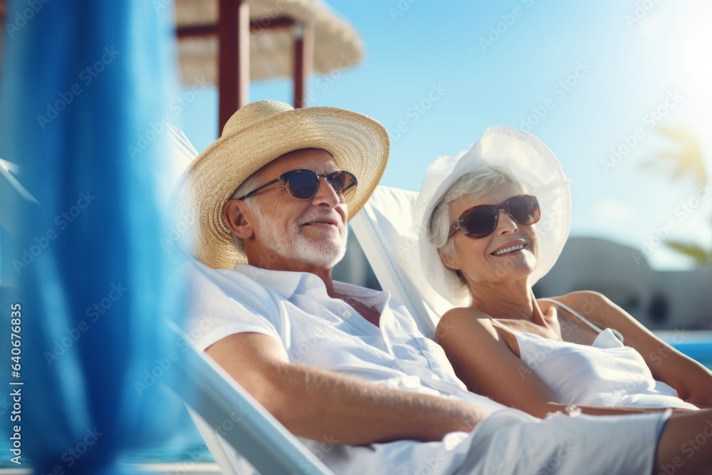 Cheerful senior couple lounging by a pool on sunny summer evening. Retired husband and wife going on vacation. Retirement hobby and leisure activity for elderly people. Cheerful senior couple lounging by a pool on sunny summer evening. Retired husband and wife going on vacation. Retirement hobby and leisure activity for elderly people.