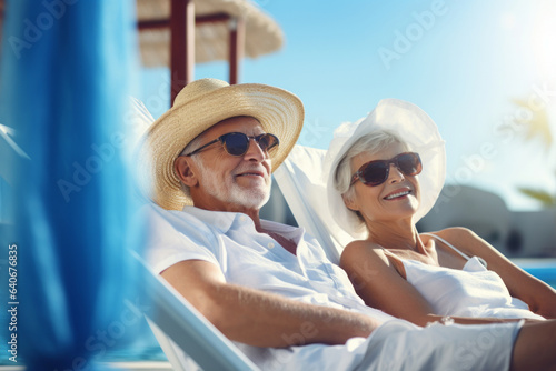 Cheerful senior couple lounging by a pool on sunny summer evening. Retired husband and wife going on vacation. Retirement hobby and leisure activity for elderly people. © MNStudio