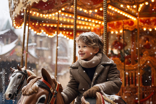 Excited little child laughing and riding a carousel ride merry-go-round in amusement park during Christmas time. Family leisure with small kids in winter. © MNStudio