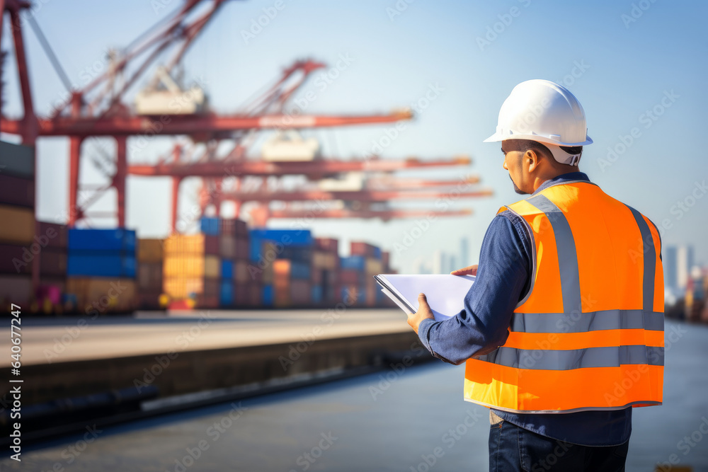 Foreman controlling the loading of containers from shipping vessels to export around the world, logistics concept. Foreman controlling the loading of containers from shipping vessels to export around the world, logistics concept.