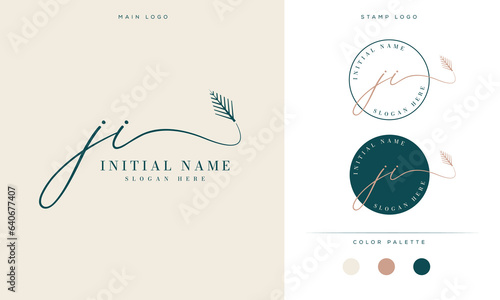 initial letter JI feminine signature logo design and palm leaf