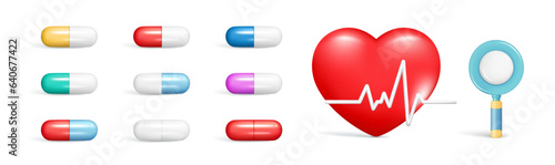 Realistic 3d heart, pulse line, capsule pill, magnifying glass. Emergency hospital consultation, cardio sign, diagnostic health, healthcare concept. Vector illustration isolated on white background