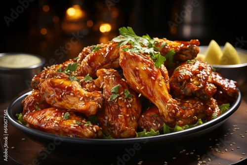 Spicy hot homemade buffalo wings on a plate. Hot chicken wings served with a dip.