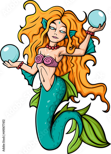 Cartoon mermaid holding a magic ball isolated on white background
