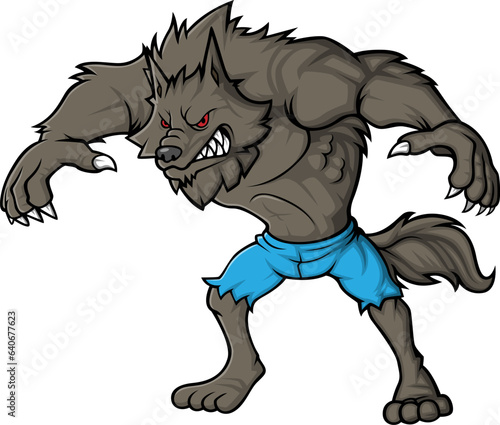 Cartoon angry werewolf character on white background