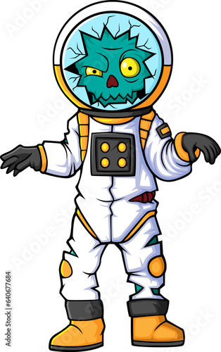 Spooky zombie astronaut cartoon character on white background
